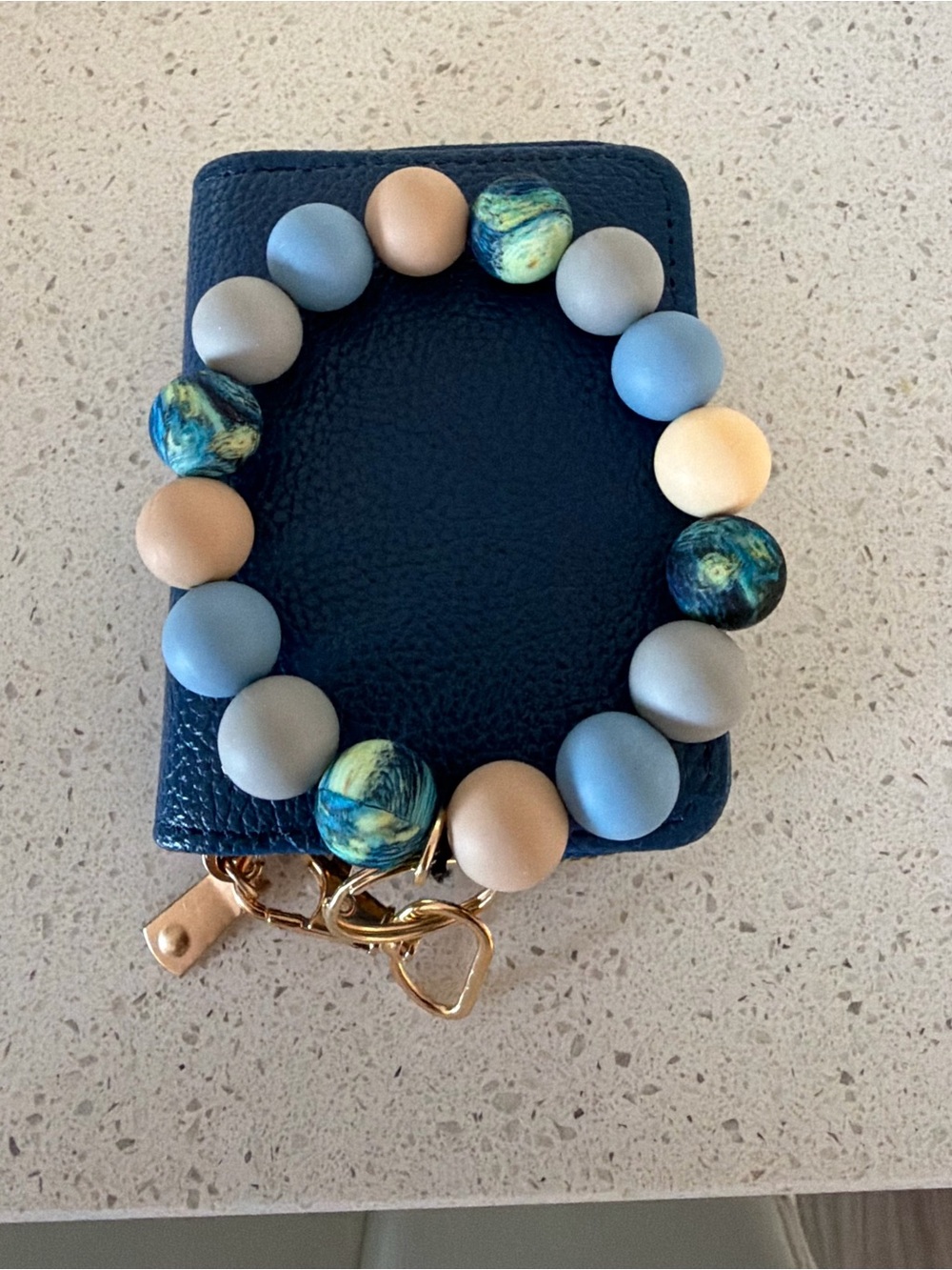 Stretch Beaded Wristlet Bracelet in Blue, Tan, Gray